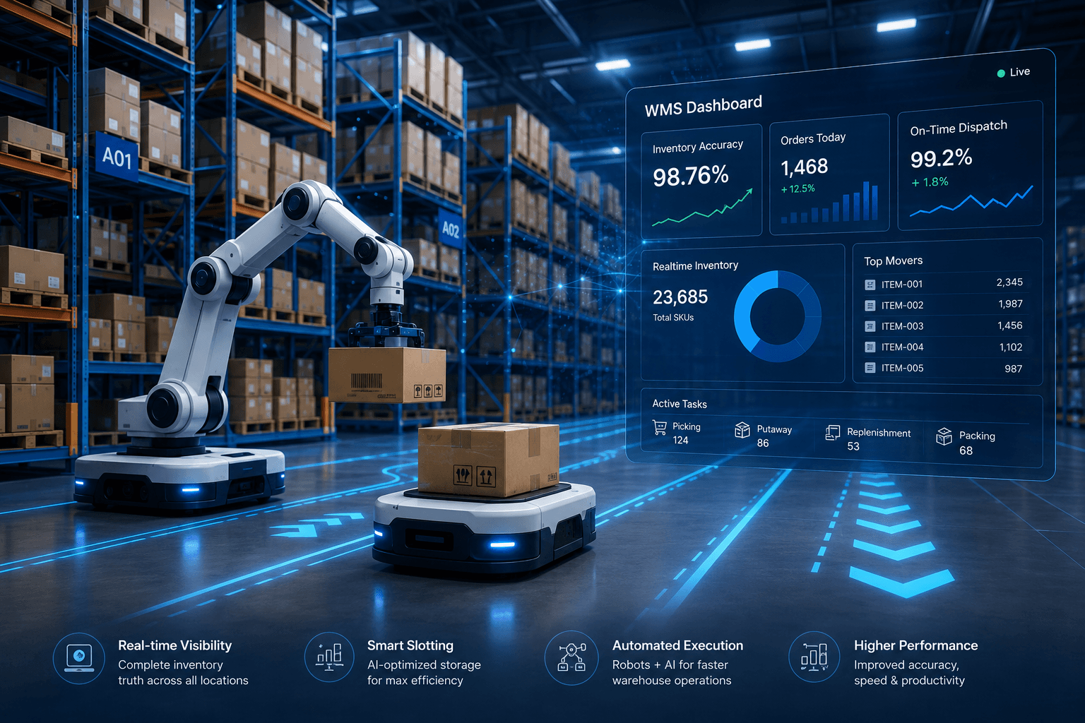 Warehouse management dashboard with robotic floor execution